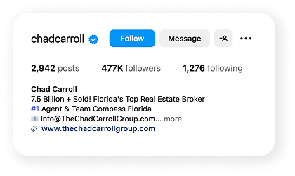 Snippet della biografia di Chad Carroll Instagram e metriche che mostrano una crescita positiva Instagram .