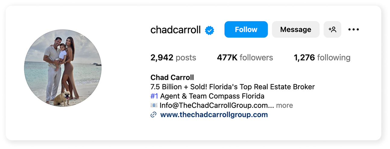 Snippet della biografia di Chad Carroll Instagram e metriche che mostrano una crescita positiva Instagram .